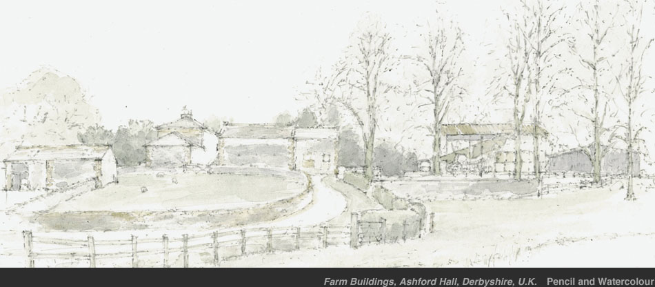 Farm Buildings, Ashford Hall, Derbyshire, U.K. Pencil and Watercolour