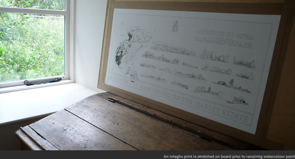 An intaglio print is stretched on board prior to receiving watercolour paint