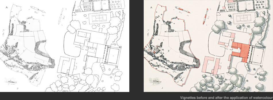 Vignettes before and after the application of watercolour